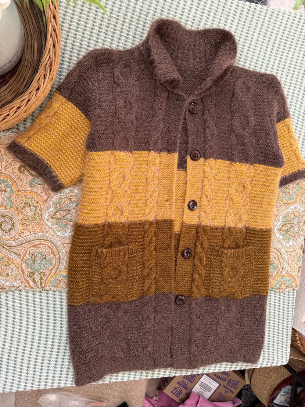 VTG Colorblock Cable Knit Short Sleeve Cardigan Brown Mustard Cottagecore Large - Picture 2 of 16